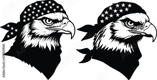 Black and white eagle head silhouette with star-patterned bandana in graphic design style