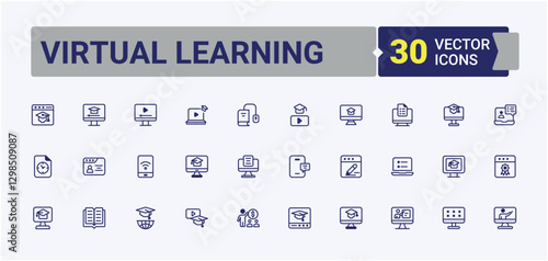 Set of Virtual Learning line icons. Included icons as learning, computer, seminar, school, graduation and more. Flat UI icon design. Vector outline and solid icons collection.