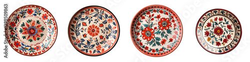 Collection of beautifully patterned ceramic plates and bowls showcasing the intricate details and vibrant colors of traditional handicraft and artisanal pottery photo