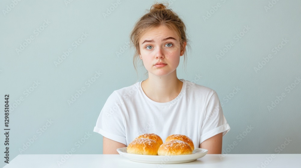 Young Woman Looks at Pastries with Concern Young Woman Looks at Pastries with Concern