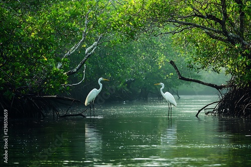 A serene river surrounded by mangroves, with egrets perched gracefully on the branches