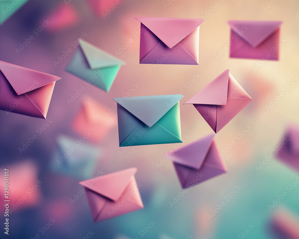 Colorful pastel envelopes floating in the air, showcasing digital communication and mail concept in a dreamy, soft tone with a blurred background. Colorful pastel envelopes floating in the air, showcasing digital communication and mail concept in a dreamy, soft tone with a blurred background.