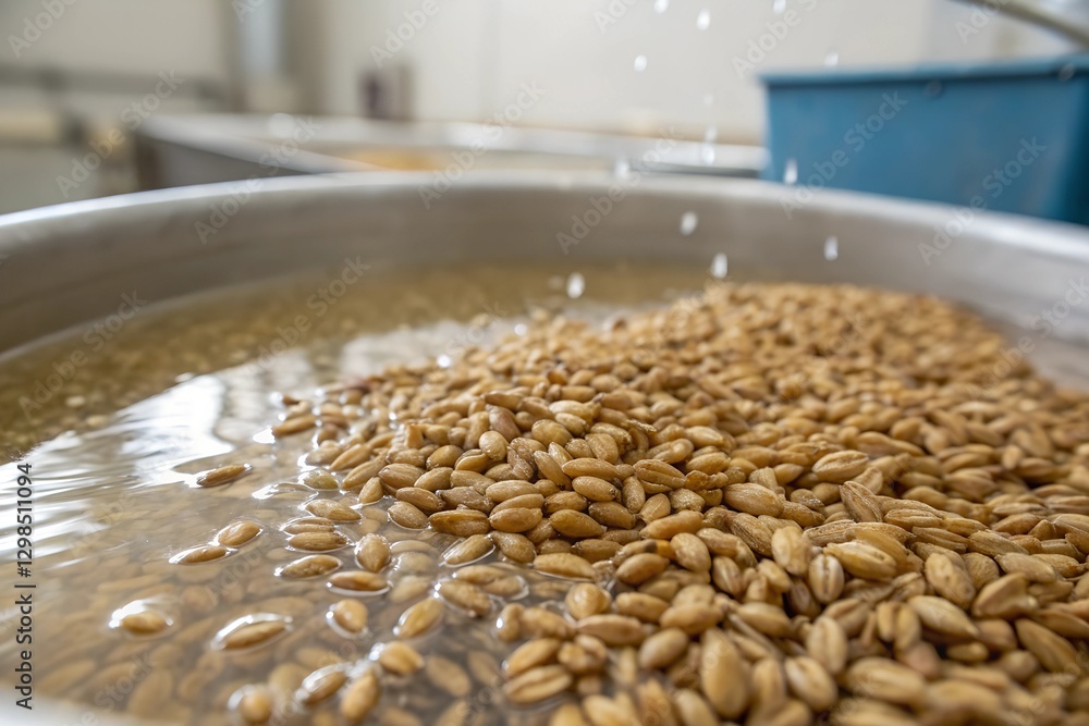 Obraz premium Minimalistic photo of wheat grains soaking in water before milling, extreme close-up focusing on their transformation, softly blurred background.