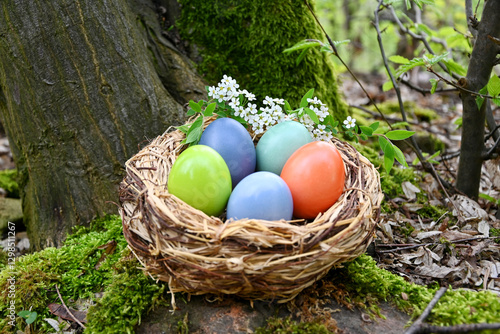 Bunte Ostereier in einem Nest im Wald