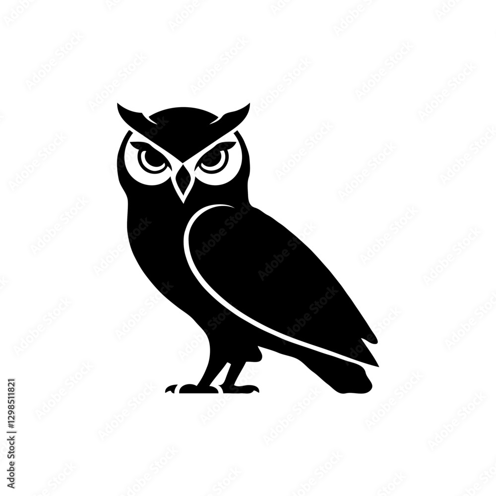 Obraz premium This striking black-and-white owl illustration captures the essence of minimalism and graphic art through bold, contrasting shapes and a simplified design. The owl’s silhouette, with sharp edges and c