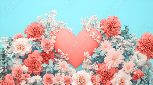 Wallpaper Mural Romantic Floral Arrangement with Heart Shape on Blue Background Torontodigital.ca