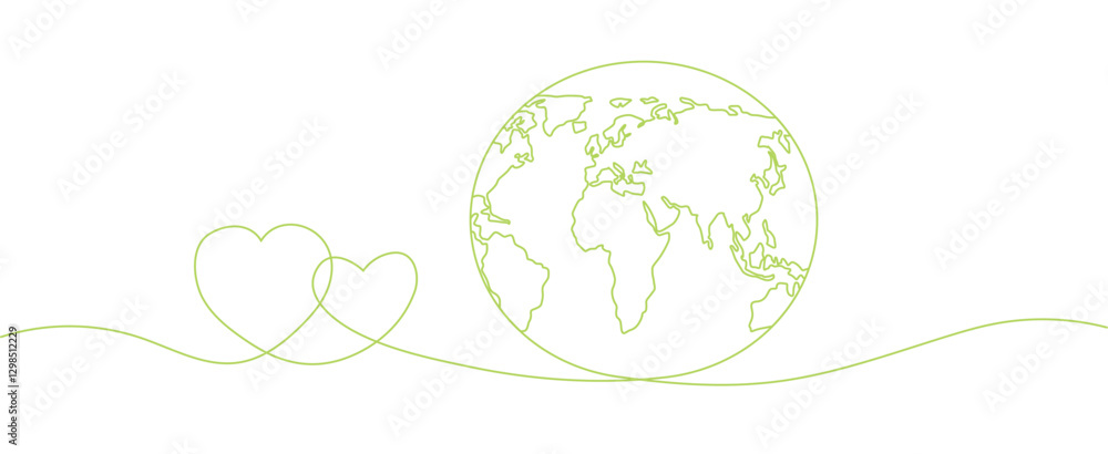 Minimalist continuous one line drawing of a heart embracing the Earth with a world map, symbolizing love Minimalist continuous one line drawing of a heart embracing the Earth with a world map, symbolizing love