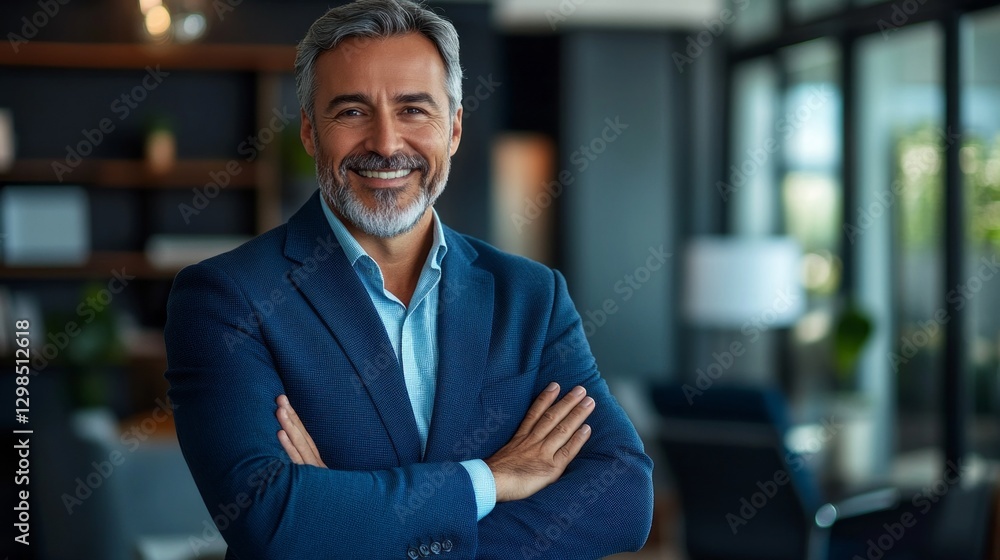 Fototapeta premium A professional man stands confidently in a stylish office, arms crossed and smiling, with large windows allowing sunlight to illuminate the space, showcasing a sophisticated atmosphere