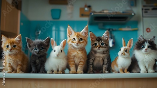 A lineup of adorable kittens in various colors and a pair of cute rabbits, all sitting together in a bright kitchen setting. Concept Adorable Kittens, Cute Rabbits, Bright Kitchen Setting