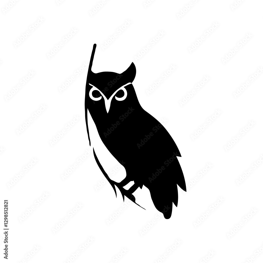 Fototapeta premium This striking minimalist owl illustration captures the essence of nocturnal wisdom through a sleek, modern design. Rendered in black and white, the owl is presented in a simplified, geometric silhouet