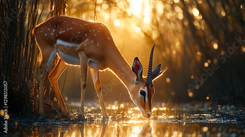 Impala drinks at sunset, African savanna. Wildlife photography for nature documentaries photo