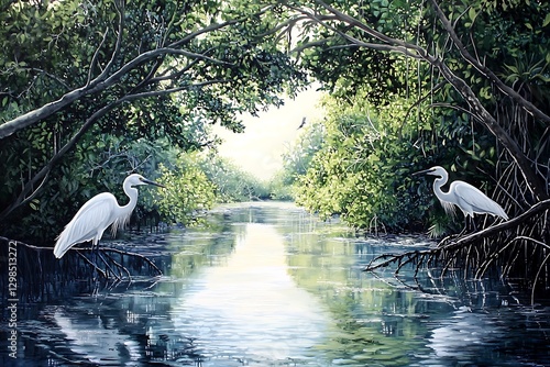 A serene river surrounded by mangroves, with egrets perched gracefully on the branches