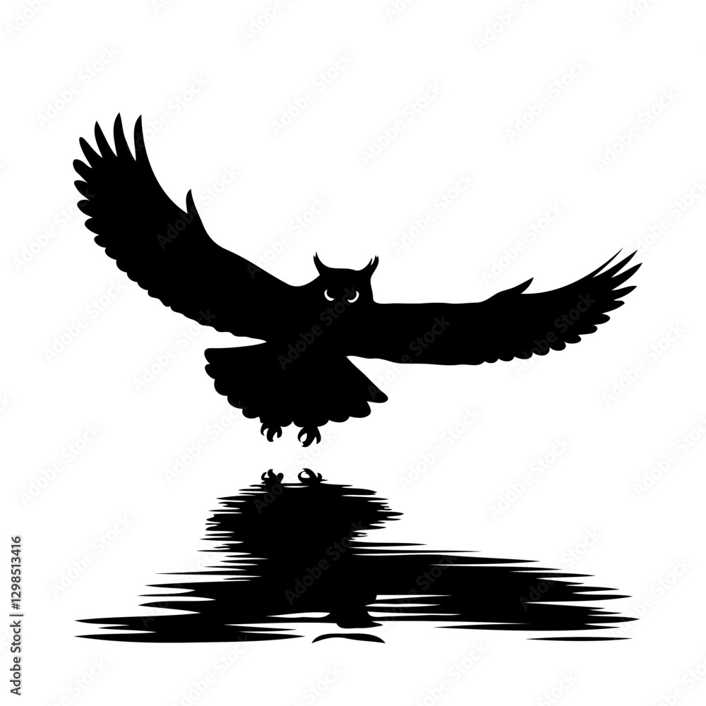 Obraz premium This captivating black-and-white illustration captures the dramatic, predatory elegance of an owl in flight, its wingspan stretched wide as it soars through the night. The owl’s talons are extended, r