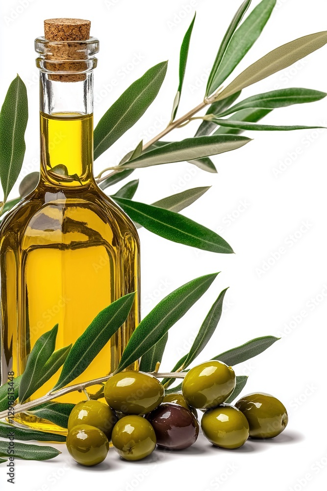 Bottle of olive oil, olives and olive tree branch isolated on white. Generative Ai Bottle of olive oil, olives and olive tree branch isolated on white. Generative Ai