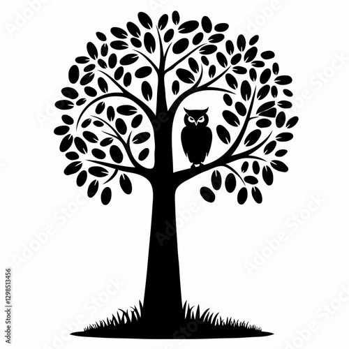 This charming black-and-white illustration invites viewers into a tranquil woodland scene, where the stylized silhouette of a tree takes center stage. With its circular canopy and delicately designed 