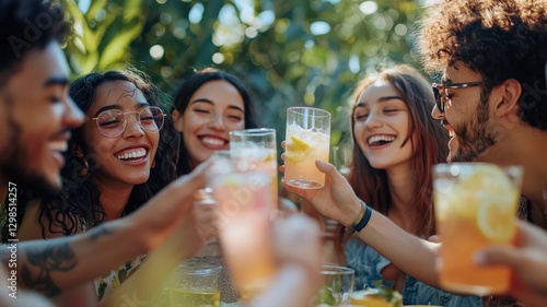 Cheerful group of friends enjoying a Friendship Day brunch in a sunny garden with lemonade clinks and laughter