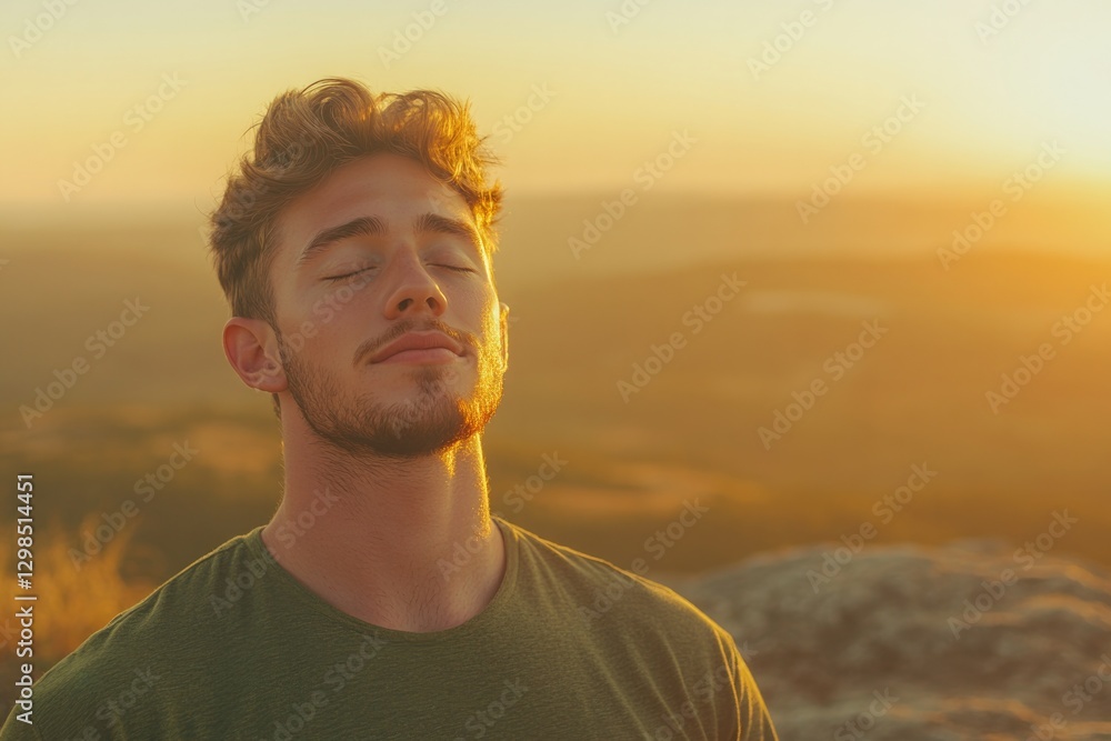 Sunset serenity captures young man enjoying nature's tranquility Sunset serenity captures young man enjoying nature's tranquility