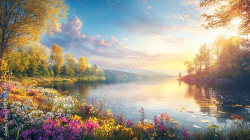 A tranquil riverbank with colorful wildflowers blooming along the shore under a bright sky