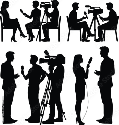Clean and simple silhouette illustration of an interview scene with two figures facing each other, one holding a microphone, a third figure operating a video camera, full-body view