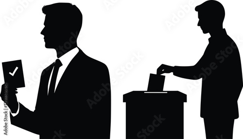Minimalist silhouette of a person voting, representing democratic participation and civic duty, black-on-white design, simple yet impactful, highlighting the importance of voting in democracy.