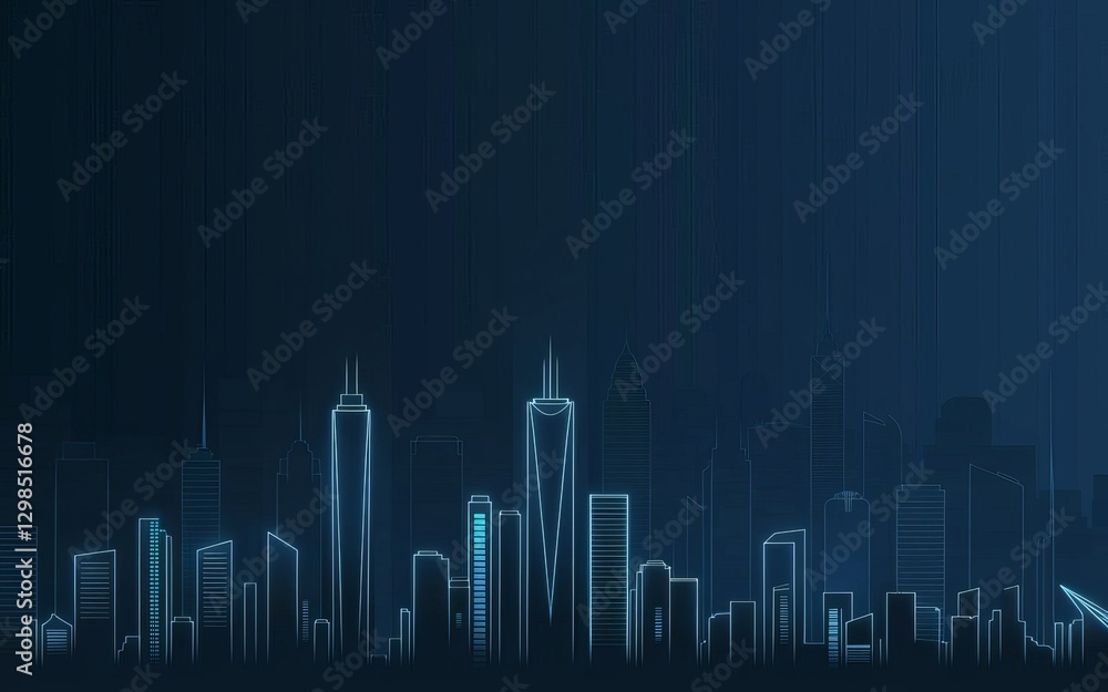 Naklejka premium City Skyline in Neon: A futuristic cityscape glows with neon outlines, showcasing skyscrapers and architectural marvels against a dark, atmospheric backdrop.