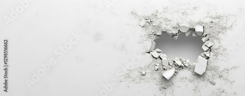 Large hole breaking through white concrete wall, isolated on a white background