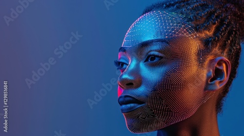 Digital Biometric Scanning With African Businesswoman Highlights Data Protection and Facial Recognition Technologies