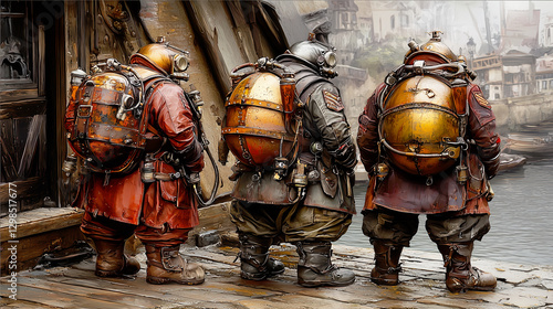 Steampunk deep sea divers standing on wooden dock in foggy harbor