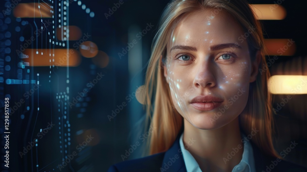 Obraz premium Businesswoman Engages in Digital Biometric Scanning With Face Detection and Cybersecurity in a Futuristic Environment Focused on Data Protection