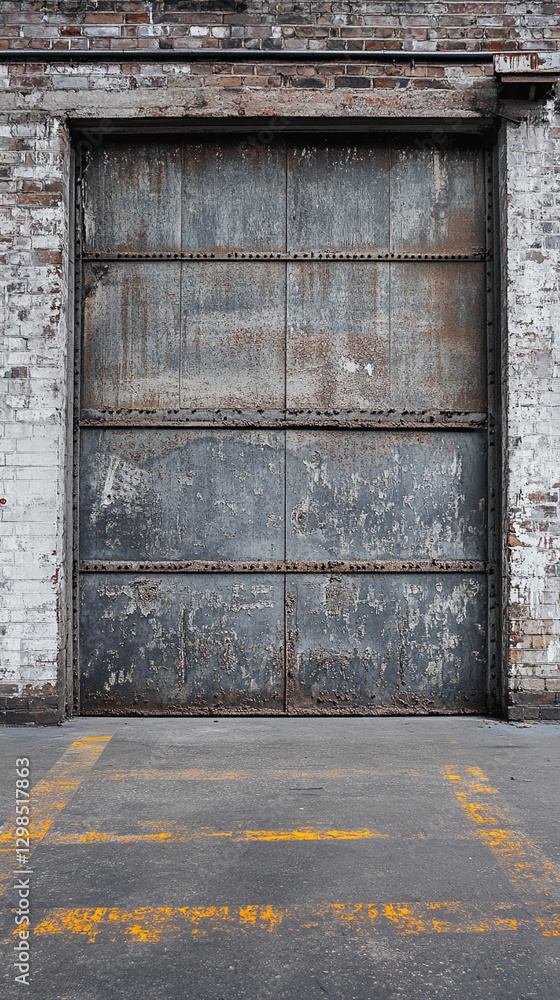 Rusty industrial garage door with weathered metal and a worn concrete floor, featuring yellow parking lines in a warehouse or factory setting, symbolizing decay and aging. Rusty industrial garage door with weathered metal and a worn concrete floor, featuring yellow parking lines in a warehouse or factory setting, symbolizing decay and aging.