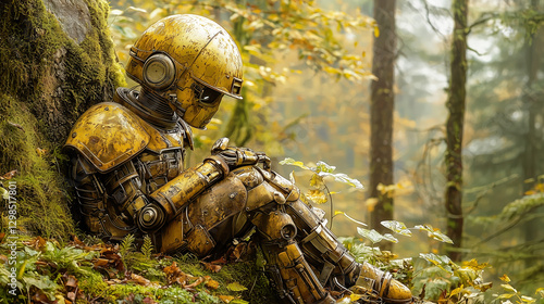 Lonely robot resting against mossy tree in autumn forest with soft light