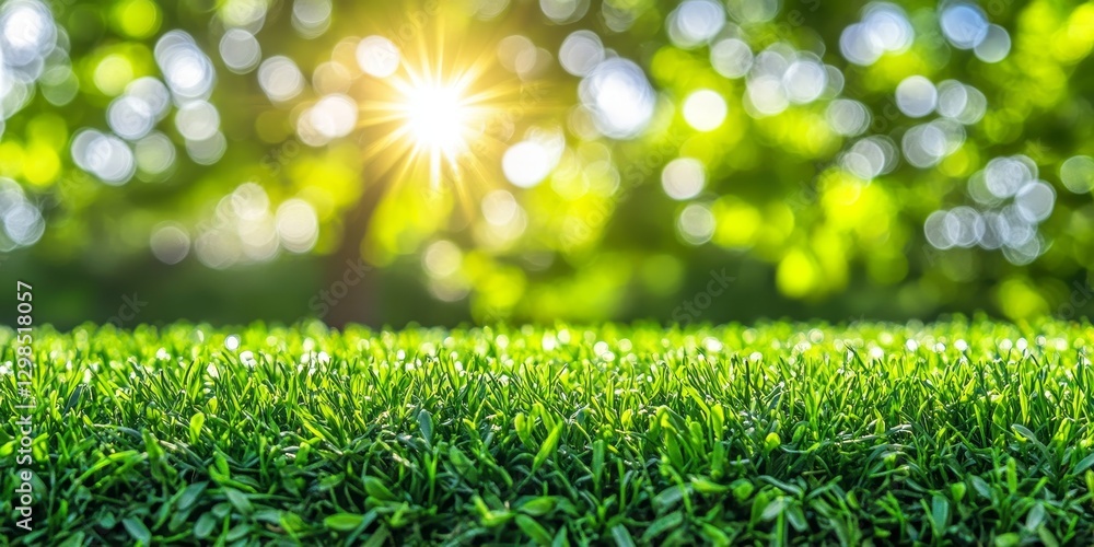 Obraz premium Lush Green Grass, Bokeh, And Sunlight, Creating A Serene Environmental And Nature Background.