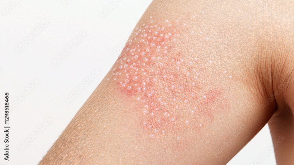 Fototapeta premium Medical photograph of person inner elbow showing skin condition with red patches and small blisters. image highlights dermatological issues and skin health concerns