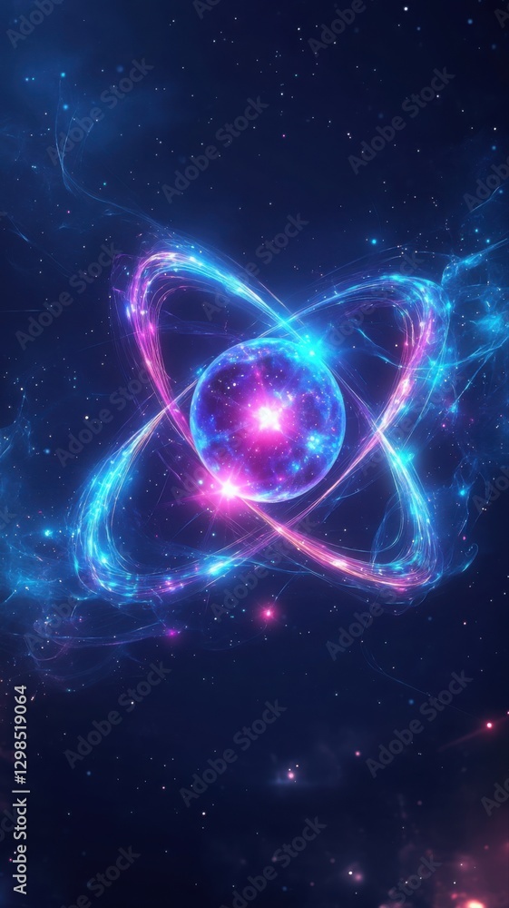 Obraz premium Glowing 3D atom model with orbiting electrons in neon blue and purple hues. Generative AI