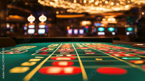 Vibrant casino roulette with empty table colorful blurred background in blurred light spots. Online Gambling Concept. Side View. Green Felt.
