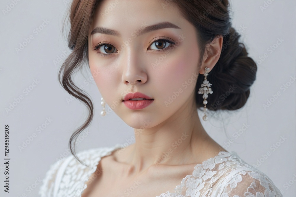 Close-up of an elegant woman wearing a white lace dress with an expensive voluminous design Close-up of an elegant woman wearing a white lace dress with an expensive voluminous design