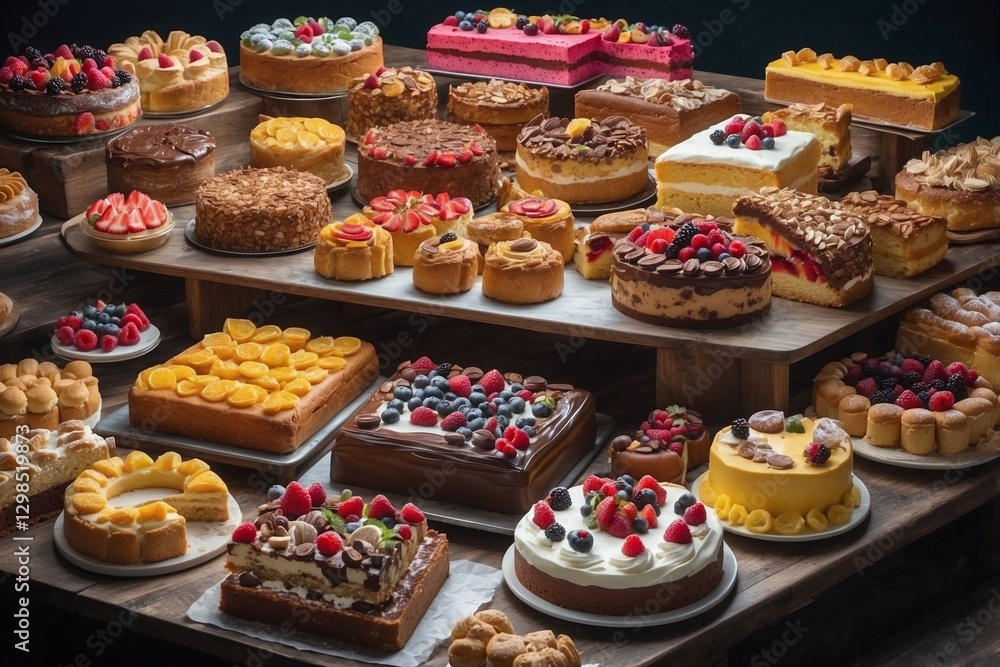 Showcase with pastries filled with a variety of delicious baked goods decorated with cream Showcase with pastries filled with a variety of delicious baked goods decorated with cream