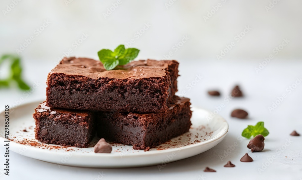 Brownie dessert on a plate, white background with copyspace Brownie dessert on a plate, white background with copyspace