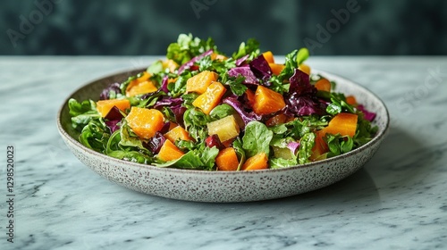 Roasted butternut squash salad, marble table, dark background, healthy food photography
