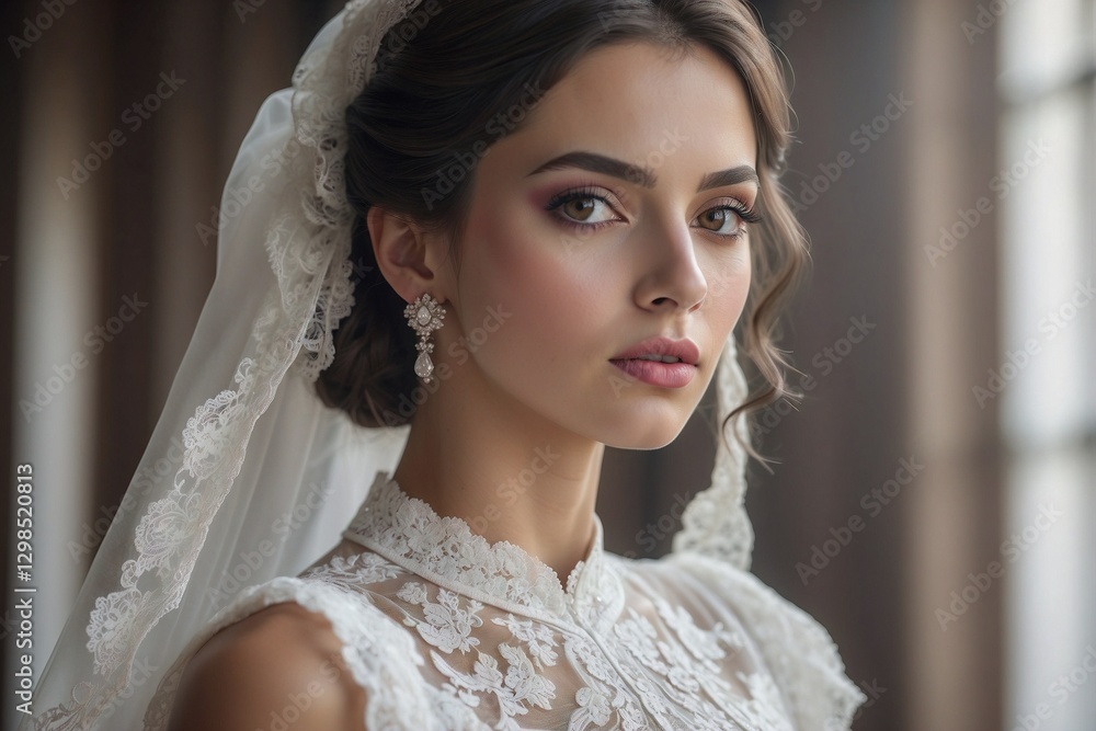 Spanish Woman in an Expensive Voluminous White Dress, Featuring Trendy Makeup Spanish Woman in an Expensive Voluminous White Dress, Featuring Trendy Makeup