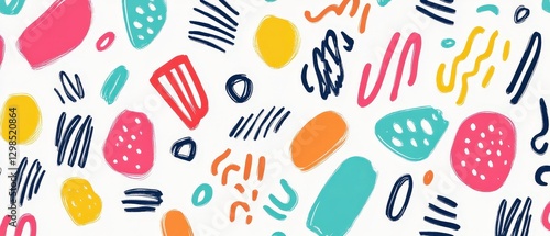 Colorful Line Doodle Seamless Pattern Featuring Basic Shapes for Creative and Playful Design