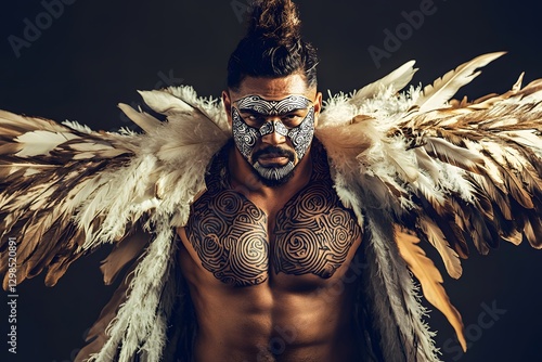 A Maori warrior with intricate tA? moko face tattoos, wearing a feathered korowai cloak, performing a haka. photo