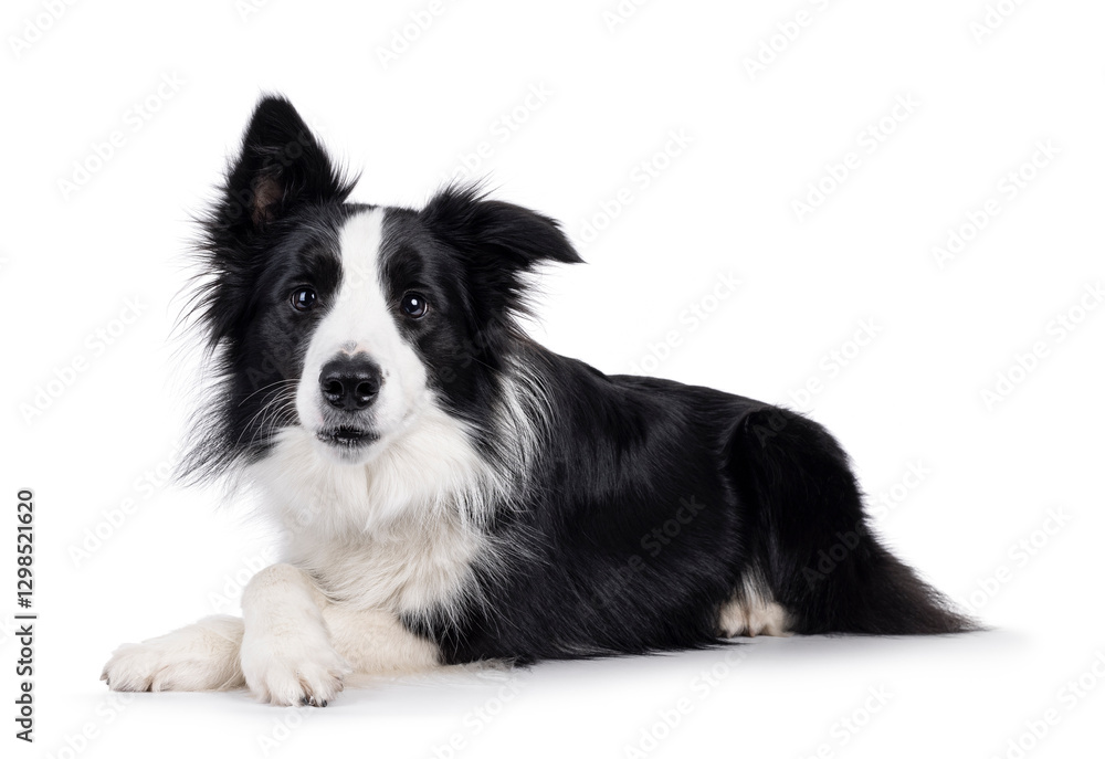 Fototapeta premium Adorable typical black and white young adult Border Collie dog, laying down side ways with front paws crossed. Looking straight to camera with mouth closed. Isolated on white background.