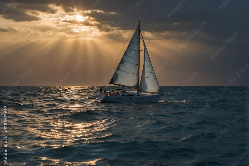 Fototapeta premium Sailboat Drifting in the Calm Sea on a Warm Summer Night, Creating an Atmosphere of Tranquility