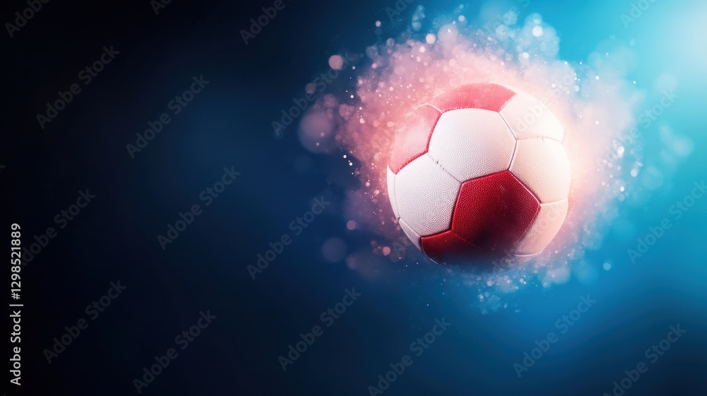 Fototapeta premium A vibrant soccer ball is in motion, surrounded by a colorful splash, emphasizing energy and excitement.