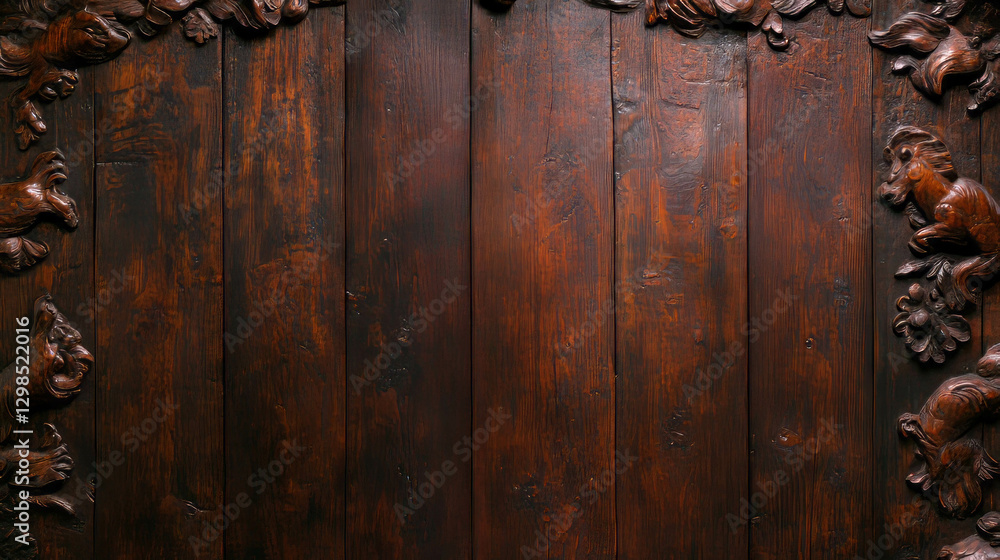 Wooden texture background with intricate animal carvings for creative design Wooden texture background with intricate animal carvings for creative design