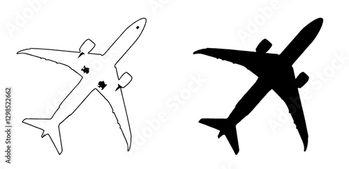 Vettoriali di un aereo visto da sotto, con carrello, in bianco e nero e il suo negativo