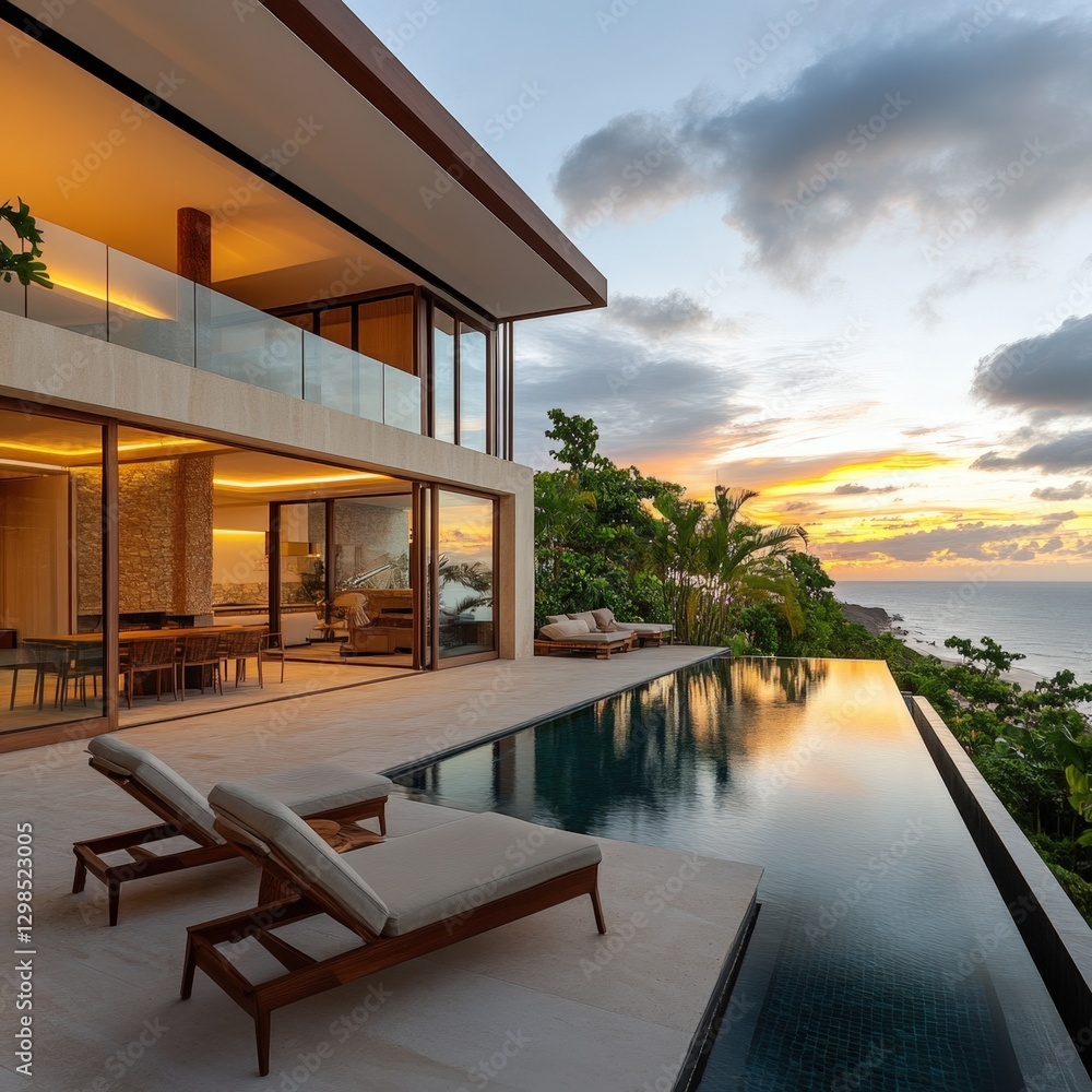 Fototapeta premium luxury villa with infinity pool overlooking the ocean at sunset