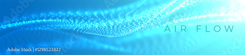 Air waves with depth of field. Particle stream of clean fresh air. Air conditioner. Fresh scent and air filtration effect. Blue wide wavy background.