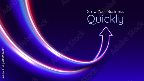 Business arrow up. Red blue glowing arrow with lights trails. Futuristic 3D style. Personal growth, quick result. Innovation technology and finance.